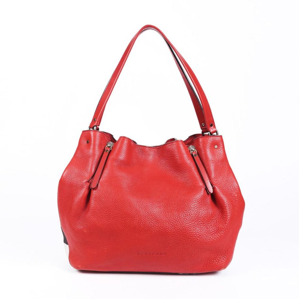 Burberry Medium Red Maidstone Check Calfskin Canvas Tote Crossbody Purse Bag‎